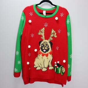Ugly Christmas Sweater Pug Reindeer Sequin Knit Holiday Size 2X